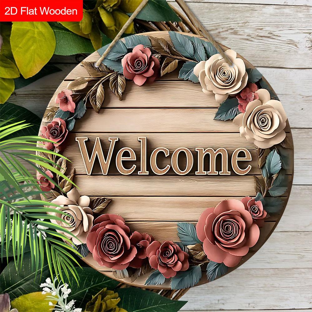 Vintage Rose Wreath Welcome Round Wooden Hanging Sign, 2D Flat Wooden Front Door Decor, Floral Farmhouse Wall Ornament