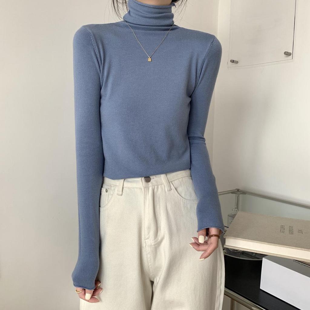 Korean Style Rolled Edge Puffy Collar Slim Fit Knit Sweater for Women