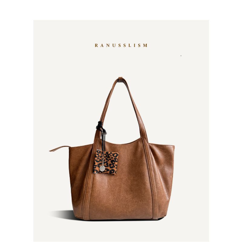 

Ranu Niche Design Idle Style Soft Leather Tote Bag Large Capacity Vegetable Basket Simple Casual Commuter Shoulder Bag Maple Leaf Brown