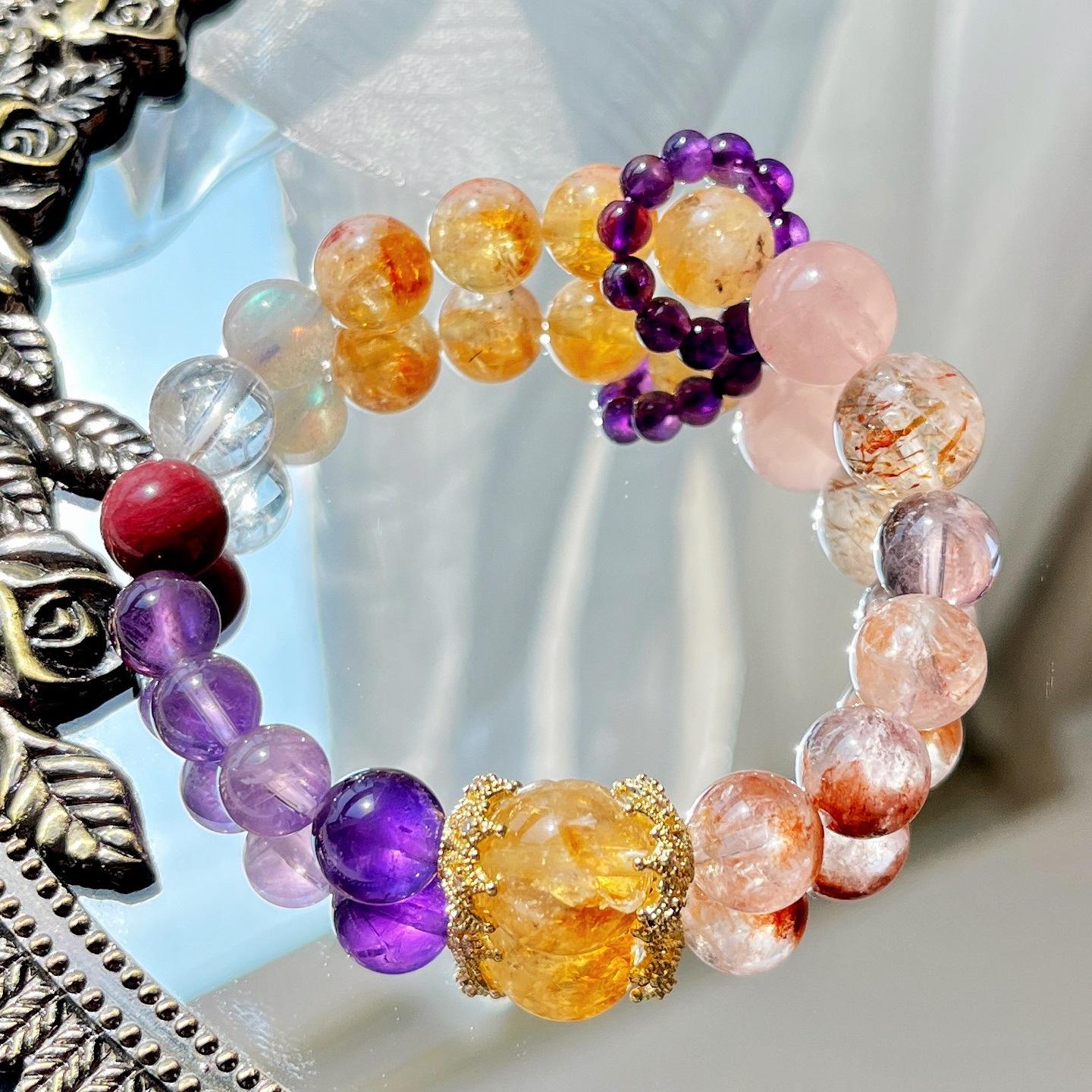 Natural Purple Ghost Powder Amethyst Gray Moonstone Black Gold Super Seven Citrine Design Bracelet Bracelet