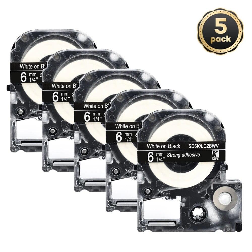 5 Packungen 6 mm mehrfarbige Etiketten, kompatibles Epson-Etikettenband SS6KW LC-2WBN9 SC6YW SC6BW SC6RW für Kingjim Epson-Drucker LW300 LW400