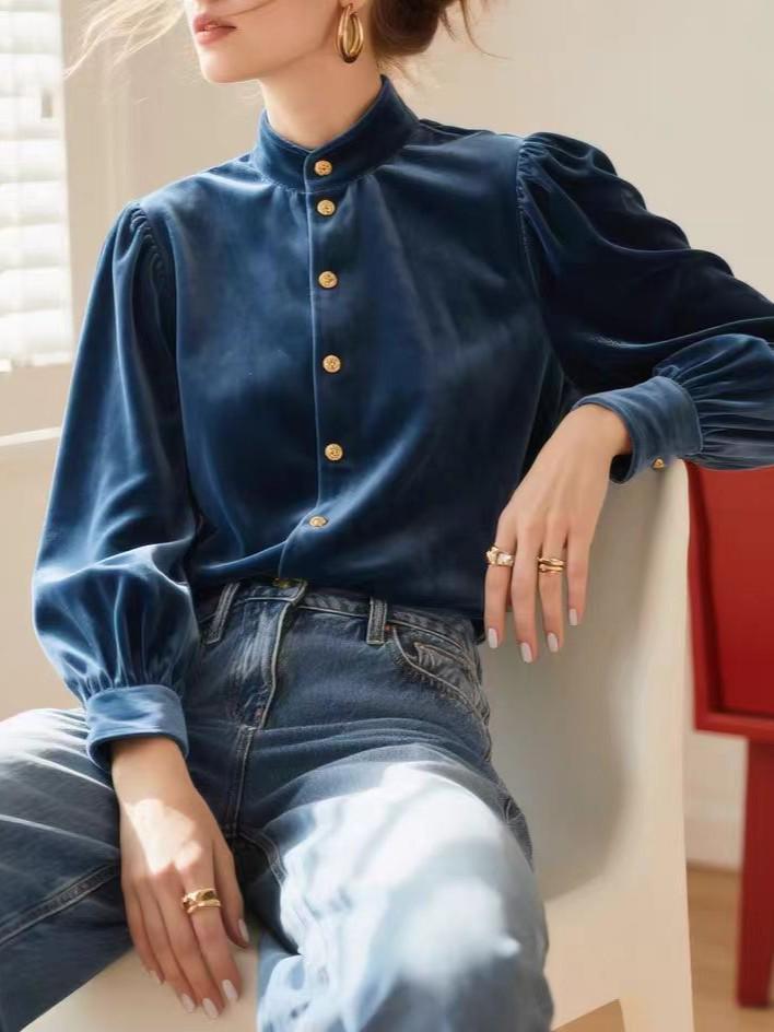 Women's Velvet Stand-Up Collar Shirt - 2025 Autumn/Winter Collection, High-End Long-Sleeved Top.