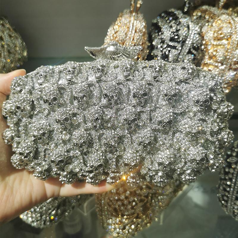 WHTUOHENG Skull Shape White Crystal Black Purse For Party Prom Handbags Luxury Mini Diamond Dinner Clutches Desgin Cocktail Bags