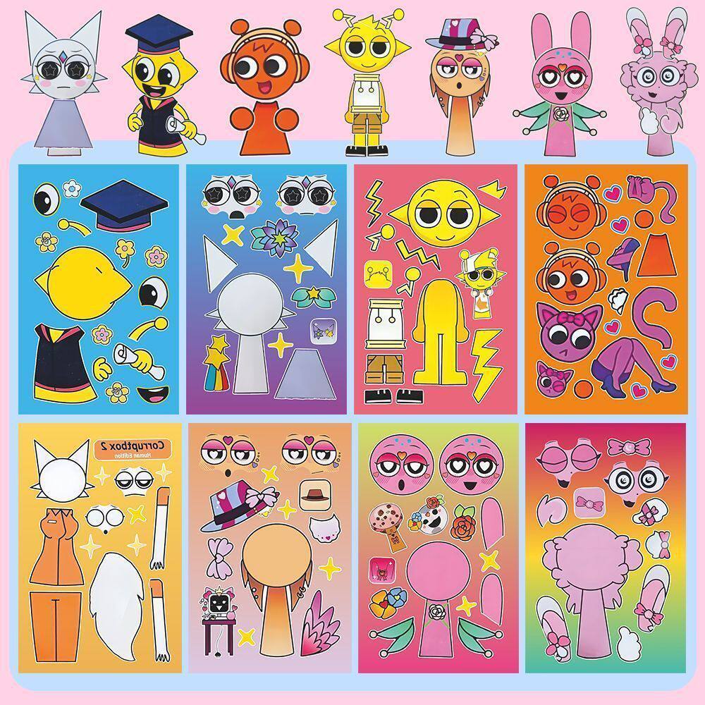 8Pcs Cartoon Sprunkie Stickers Make Your Own Sprunkie Sticker Make A Face Stickers For Kids Diy Stickers Party Supplies Crafts