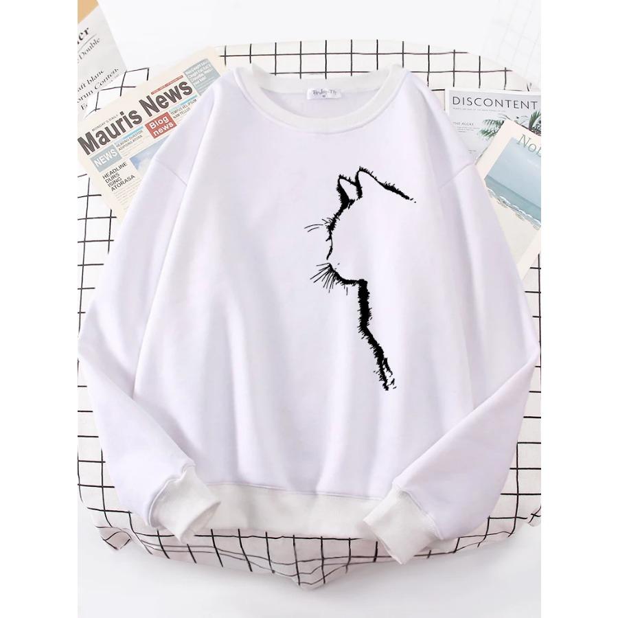 Simple Strokes of Cat Pet Print Hoody Womens Shoulder Drop All-match Hoodies Simple S-XXL Hoodie Street Quality Clothing Female