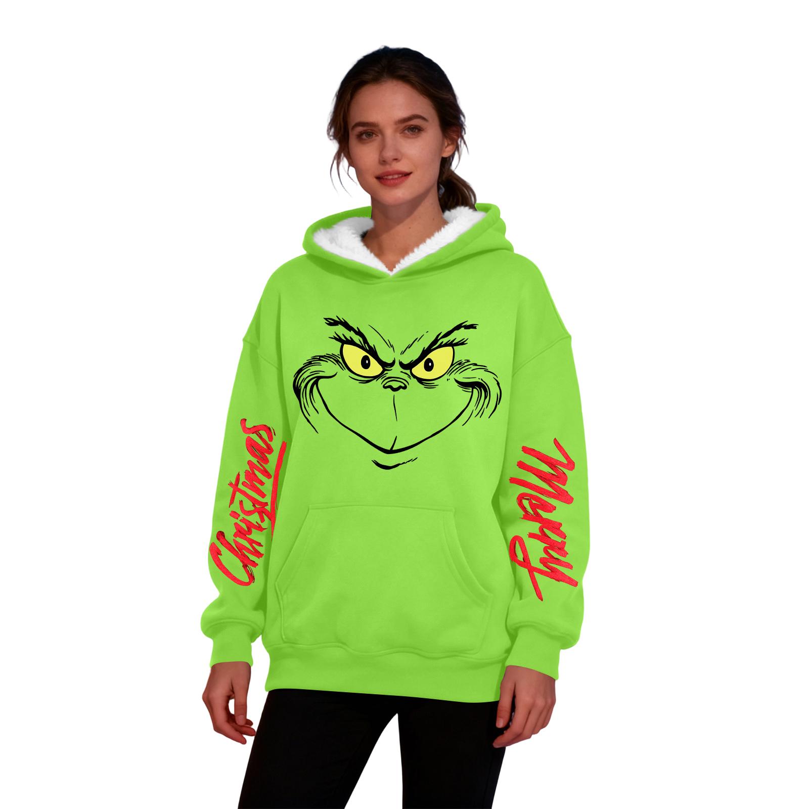 Women s Casual Fashion Plus Velvet Thickened Christmas Print Hooded Sweatshirt XXXL