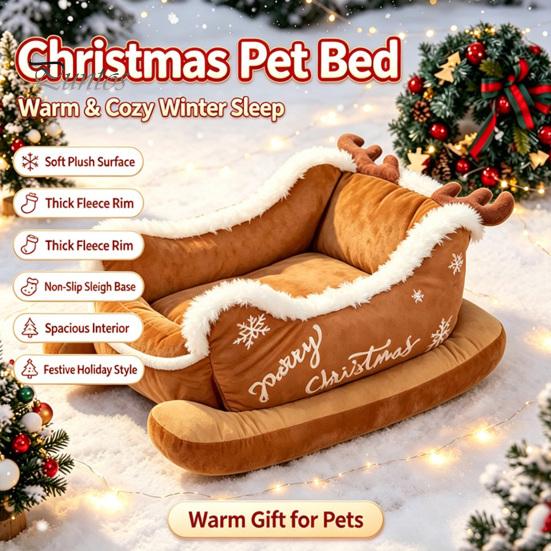 Plush Puppy Bed for Indoor Use Christmas Sleigh Dog with Non Slip Base, Calming Pet Sofa Durable Cats Outdoor, Fun House Puppies Pressure Relief
