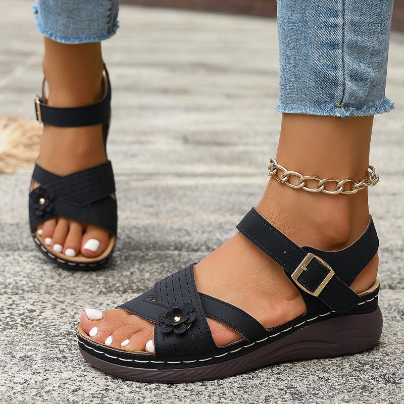 2024 Hot Selling Fashion Women's Sandals Open Toe Wedge Heel One-line Buckle Solid Color Comfortable Women's Sandals Zapatos