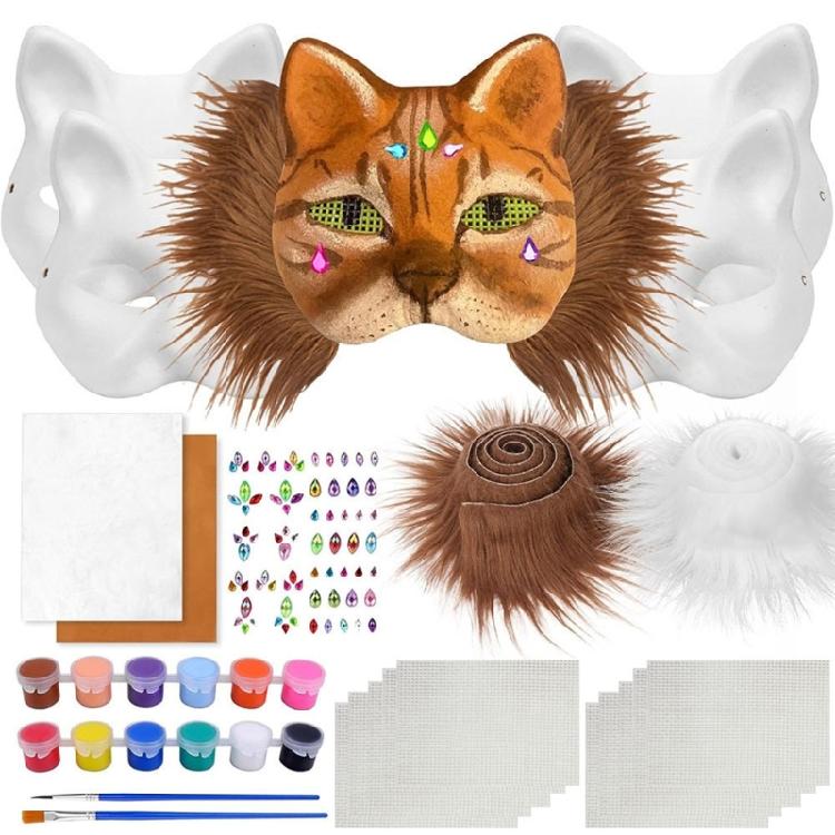 Cats  Foxes Mask with Furs Eye Mesh Felts Sheet Therians Dress Up Mask to Paint for Halloween Masquerade Cosplay Party