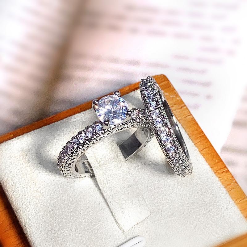 Full Diamond Round Simulation Diamond Set Ring Girl, Engagement Ring, Wedding Memorial Ring