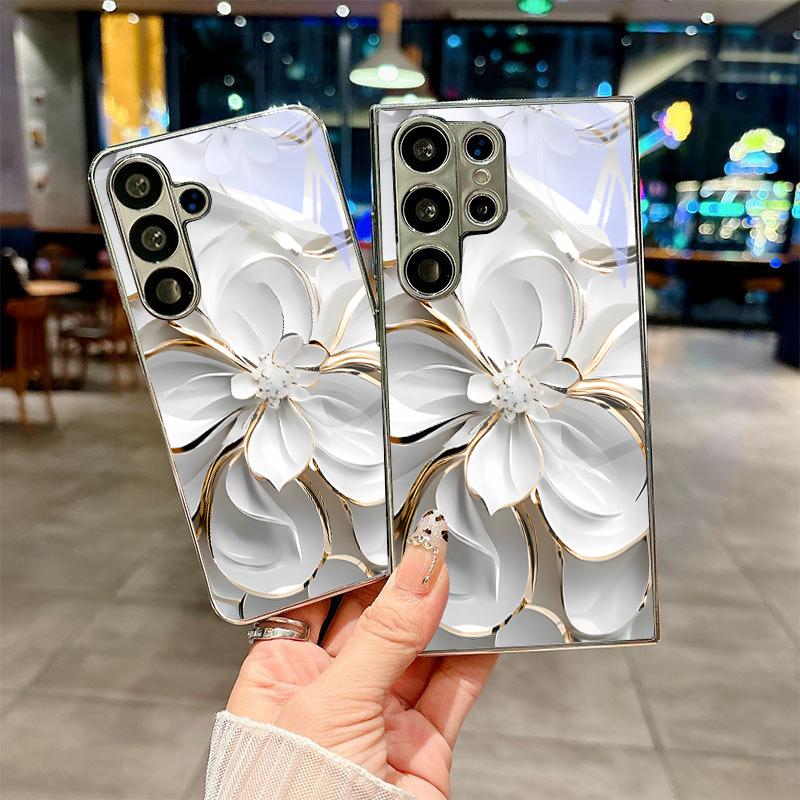 Edge White Flower Electroplated Silver Phone Case For Samsung Galaxy S26 S25 S24 S23 S22 S21 S20 Ultra Plus FE 26 5G Glass Cover