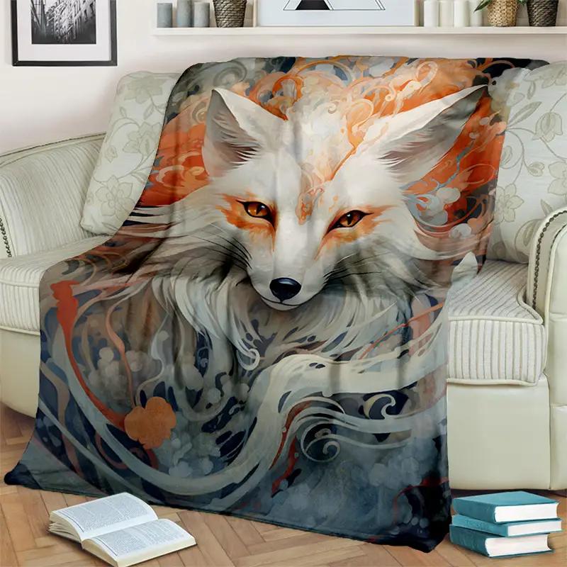 Lightweight Fantasy Fox Print Flannel Blanket - Soft and Warm for Sofa, Bed, Travel, Chair and Bed - Gift for Family or Friends