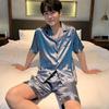 2025 Spring Men's Solid Color Ice Silk Cardigan Pajama Set - Short Sleeve & Shorts