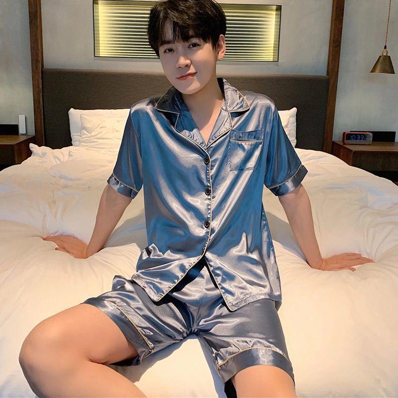 2025 Spring Men's Solid Color Ice Silk Cardigan Pajama Set - Short Sleeve & Shorts