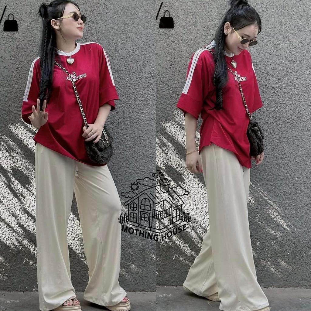American-Style Women's Summer Fashion: Embroidered Letter Loose Two-Piece Set with Short Sleeve Top & Wide-Leg Pants, Plus Size