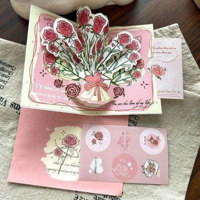 Surprised Pop Up Love 3D Greeting Card with Envelope Rose Valentine's Day Card Flower Thank You Card Wedding Invitations