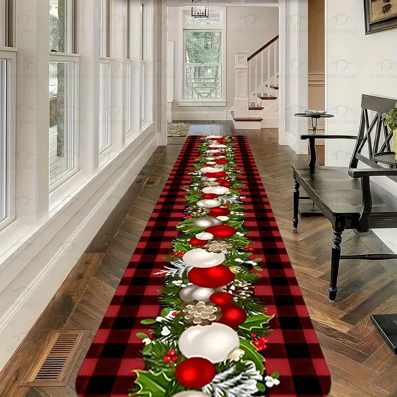 Christmas Snowflake Buffalo Plaid Runner Rug, Non-Slip Festive Floor Mat for Hallway, Entryway Holiday Decor