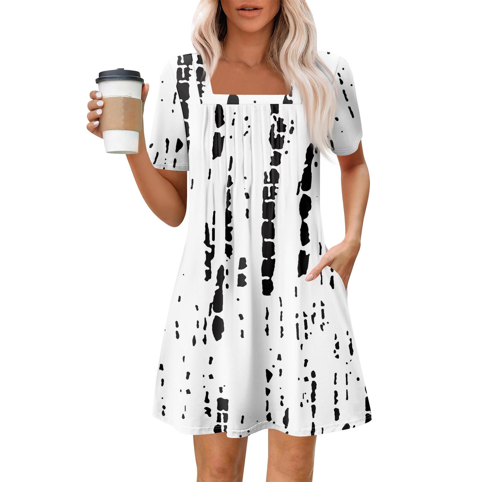 

Женские летние повседневные платья с квадратным вырезом, плиссировкой спереди и карманом, с короткими рукавами и принтом XL белый