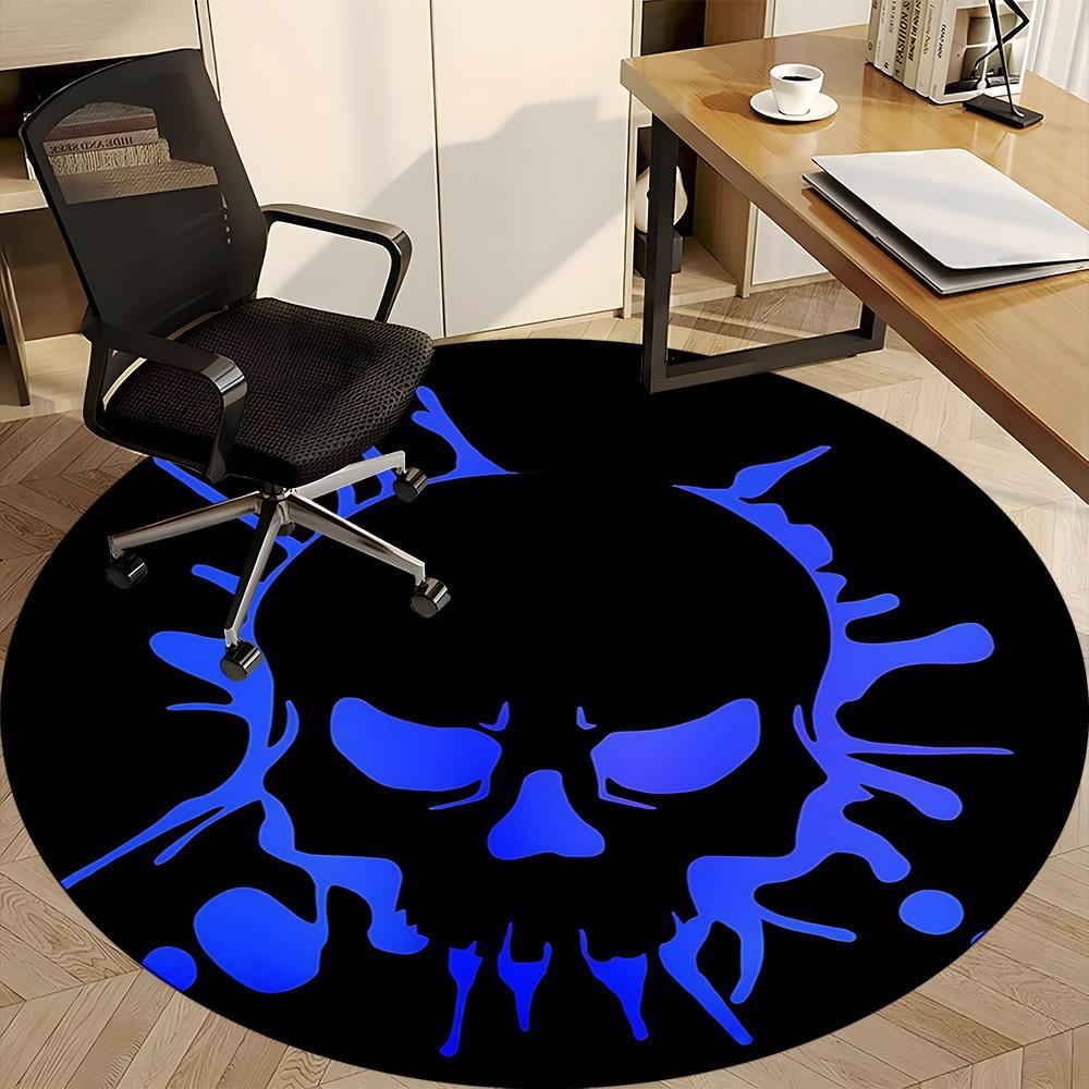 1pc Skull Blue Office Round Area Rug, Under Office Chairs Bedroom Living Room Home Decor, Room Deco