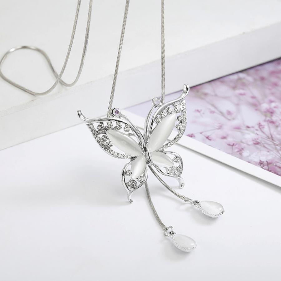 1pc Elegant Y-Shaped Necklace with Sparkling White Butterfly Pendant - Long, Dangling Rhinestone & Zinc Alloy Chain, Perfect for Everyday Fashion, Eve