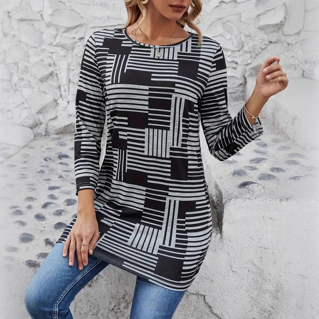 

Plus Size Autumn/Winter 2025 Fashion Casual Women s Round Neck Top T-Shirt 2XL сірий/чорний