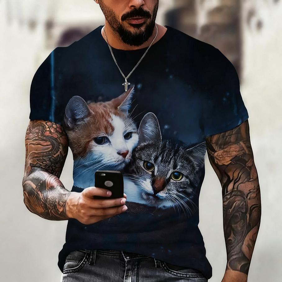 Summer Round Neck Animal Cat Pattern 3D Print Top Fashionable Casual Short Sleeved Men's T-shirts