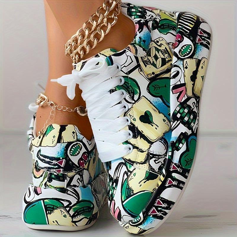 Fashion Painting Graffiti Big Size Sports Women's Shoes 2025 New Women's Outer Wear Lacing Comfortable Thick Bottom White Shoes