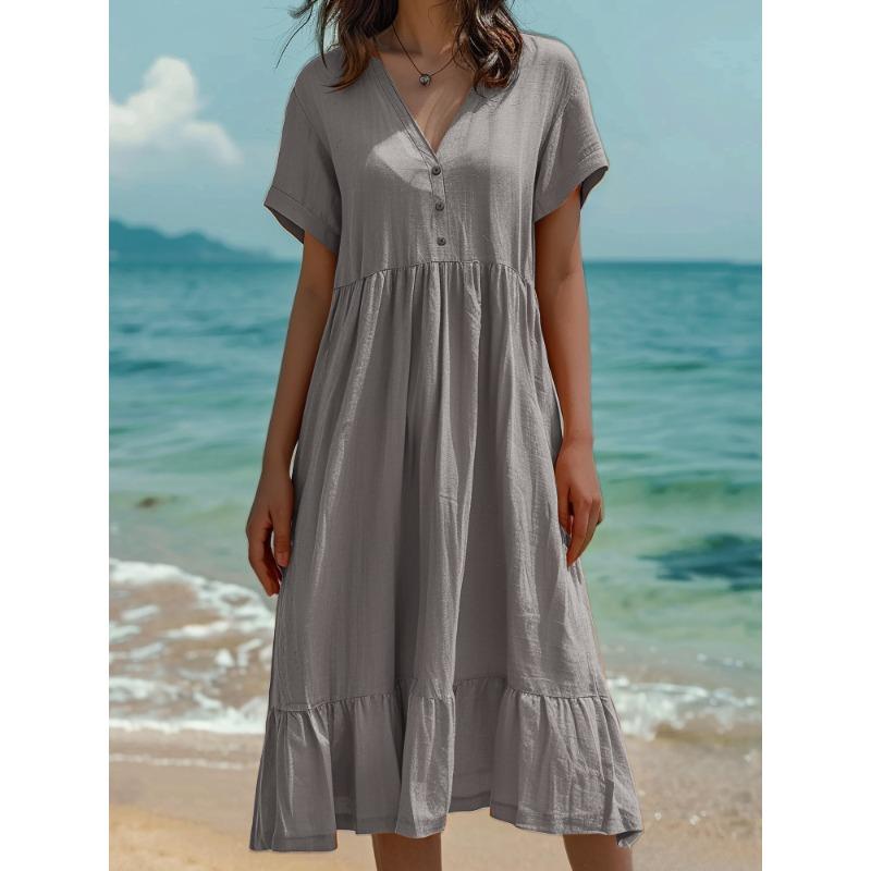 DICFY Women's Fashion Summer Spring Solid Color Print V-Neck Short Sleeve Casual Dresses