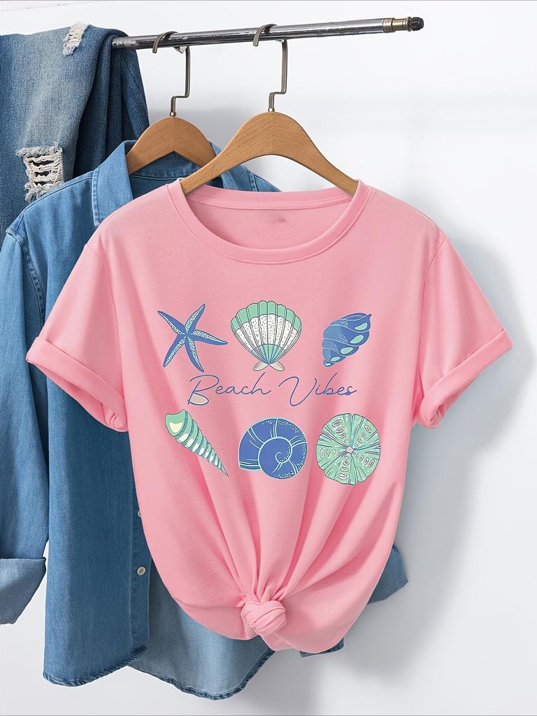 Marine Shell Organisms Pattern Print Short Sleeve T-Shirt Crew Neck Top Fashion Y2K Comfort Fit for Women Top Casual Clothing