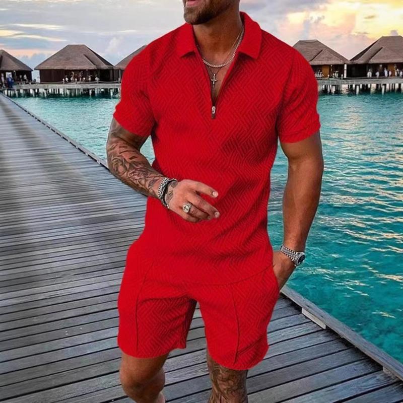 Men Casual Printed Turn Down Collar Short Sleeve Polo Shirt And Shorts Set