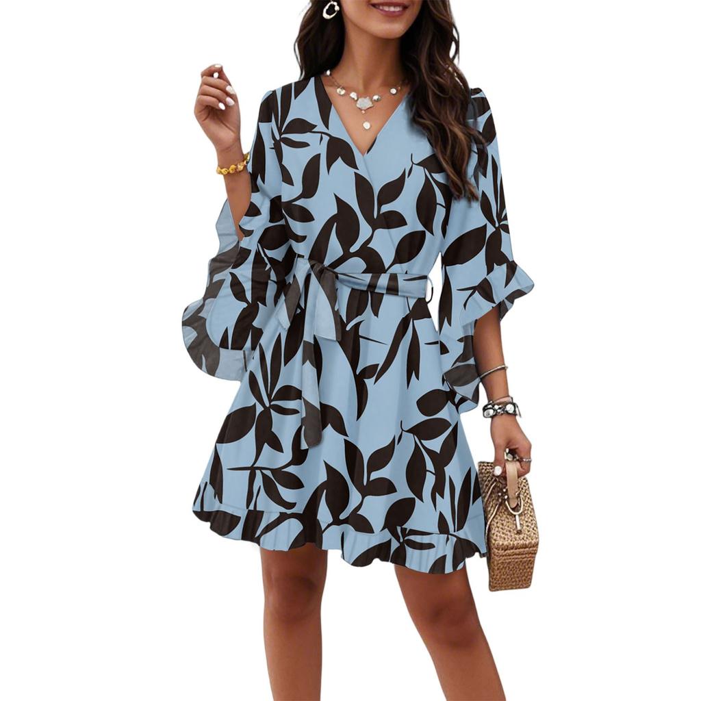 Women's Vintage Printed V-Neck Half Sleeve Corseted Temperament Casual Dress (Belt Included)