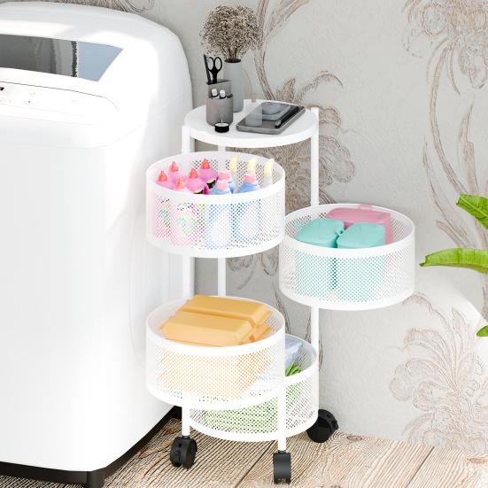 Rotating Storage Rack Fruit Basket for Kitchen 3/4/5 Tier Circular Rotating Basket Fruit and Vegetable Metal Wire Shelf with Top Lid (White)