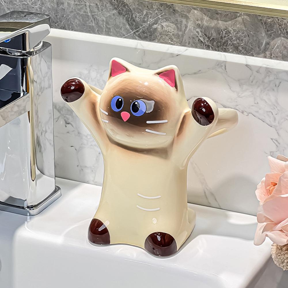 Cartoon Animal Cat Toothbrush Holder Anti-Slip Base Toothpaste Storage Shelf Bathroom Organizer