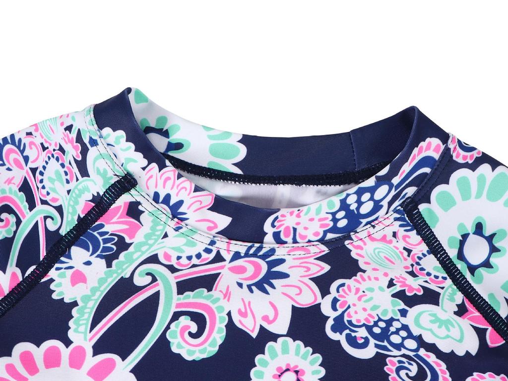 Tropical Plant Print Girls' Long-Sleeved Swimsuit Set with Ruffle Bottoms - Quick-Dry & Sun Protection