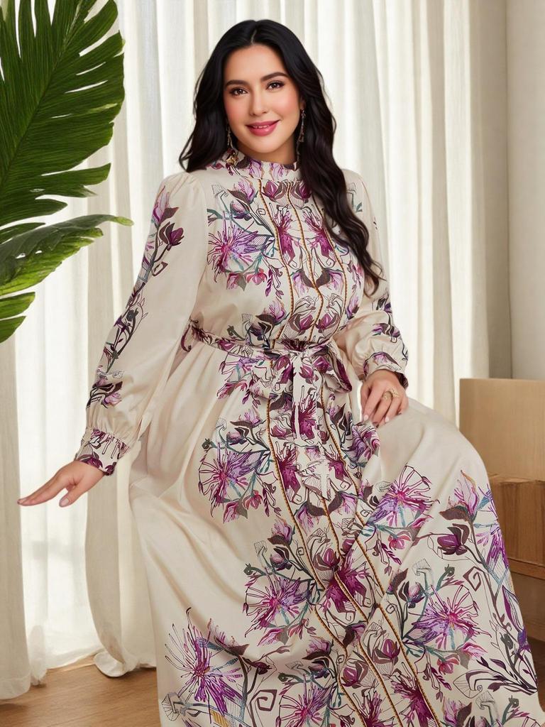 Dubai-Inspired Islamic Floral Lantern Sleeve Dress with Stand Collar