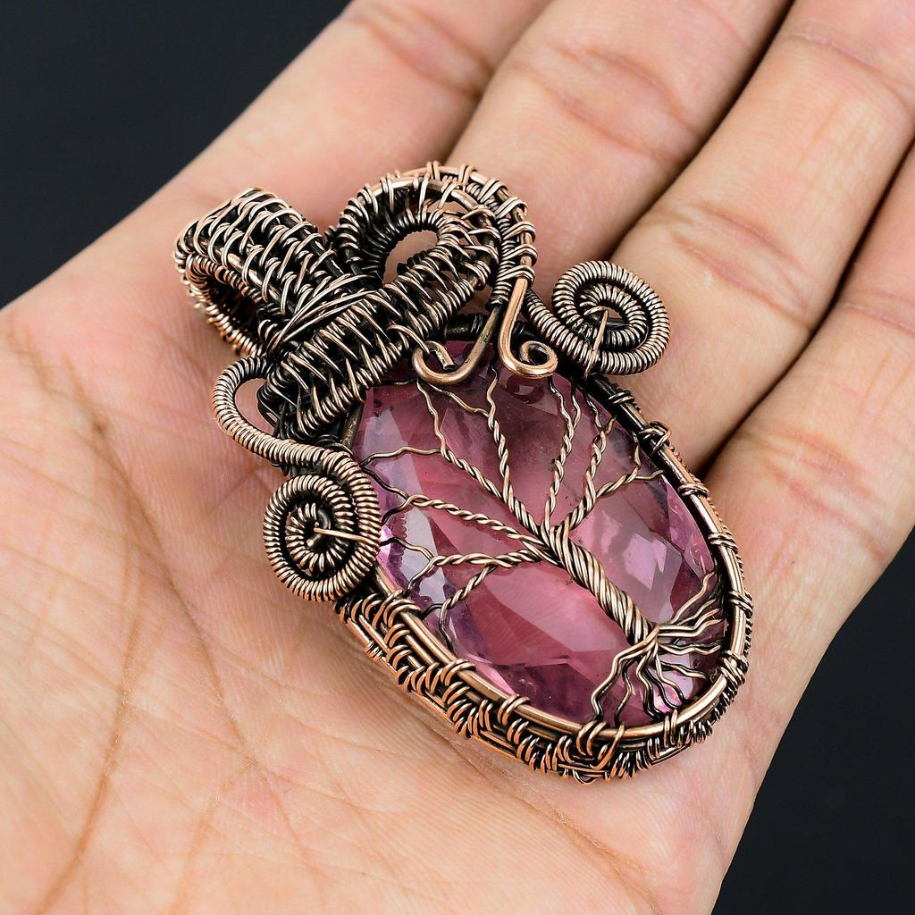 Tree Of Life Pink Kunzite Gemstone Pure Copper Wire Wrapped Handmade Jewelry Pendant For Her