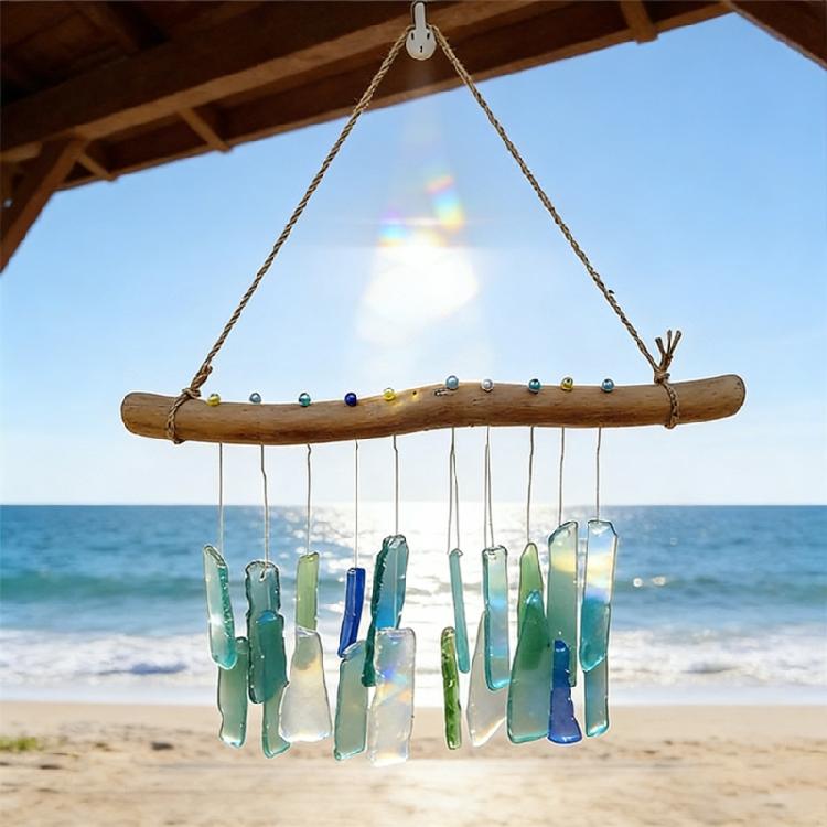 Campanelli a Vento in Vetro di Mare e Legno Galleggiante Campanelli a Vento Artigianali per Esterno Decorazioni a Tema Oceano/Spiaggia Regalo per Inaugurazione Casa