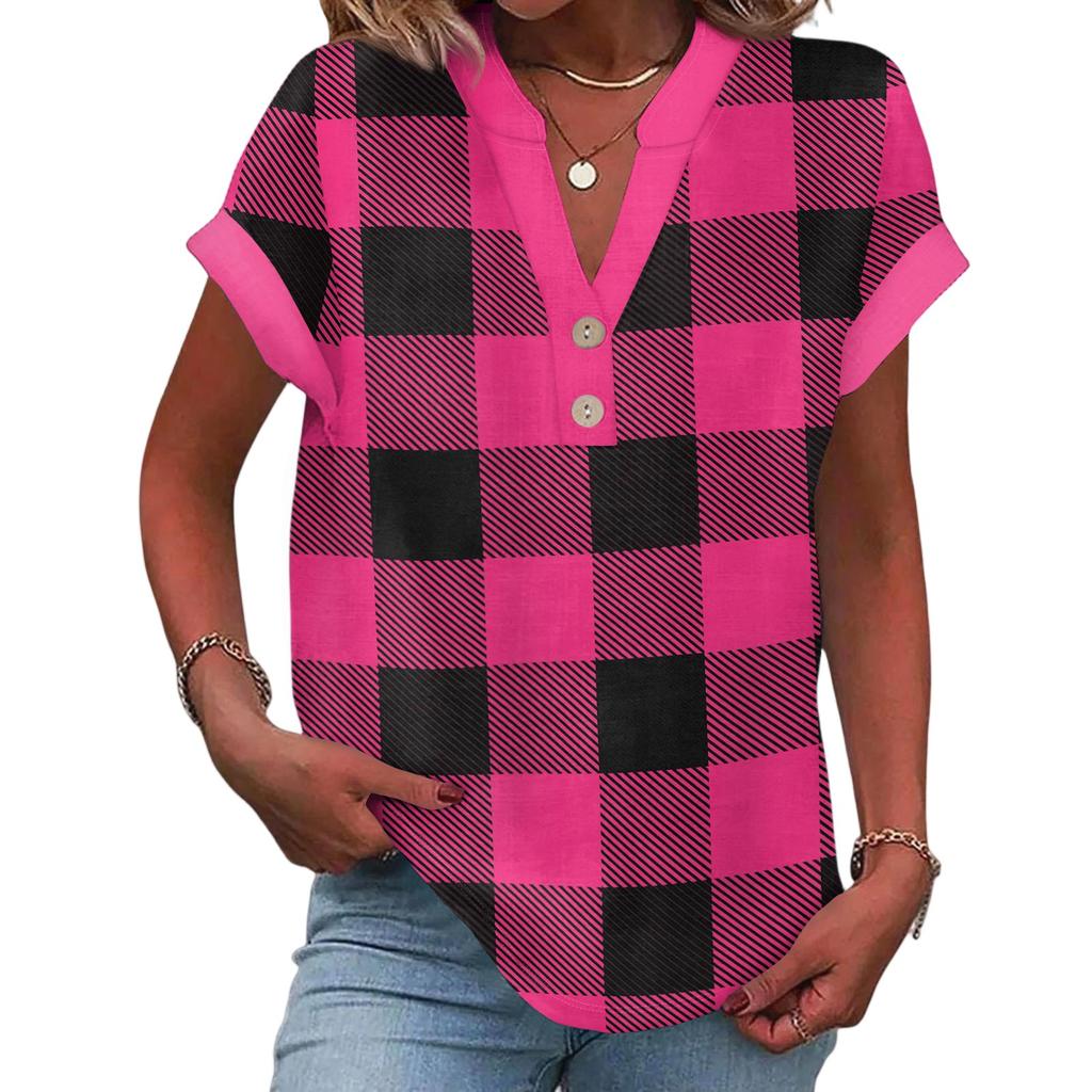 Women's Casual Fashion V-Neck Button Plaid Printed Short Sleeve Top