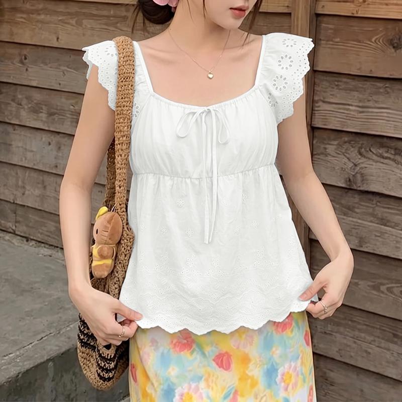 ZANZEA Women Casual Round Neck Summer Crochet Splice Ruffles Sleeve Loose Blouse M
