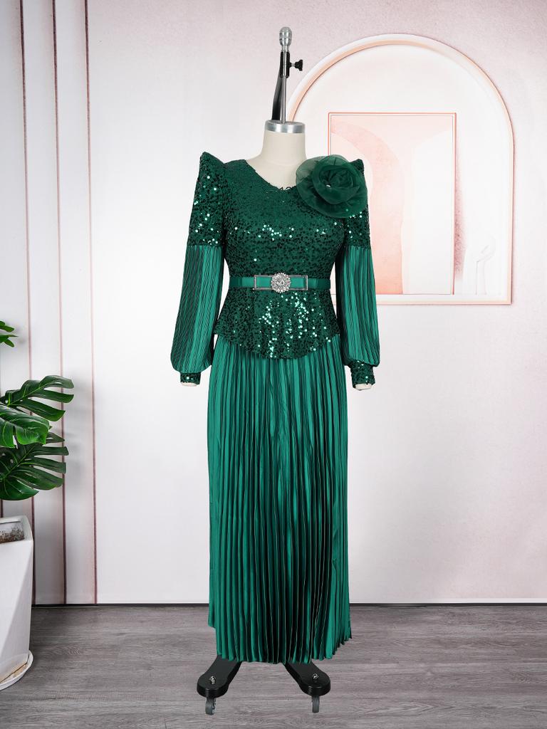 Plus Size Women Sequin V-Neck Maxi Dress Long Sleeve Pleated Satin Formal Evening Gown with Belt