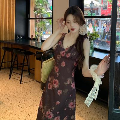 Blumenkleid mit V-Ausschnitt Sommer Damen Neu Taille und Schlank Temperamentrock