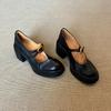 Sheepskin Version~ British Versatile Thick-soled Round-headed Small Leather Shoes for Women's Retro Shallow Mouth One-word Buckle Thick-heeled