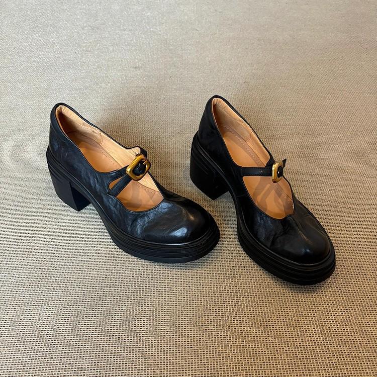 Sheepskin Version~ British Versatile Thick-soled Round-headed Small Leather Shoes for Women's Retro Shallow Mouth One-word Buckle Thick-heeled