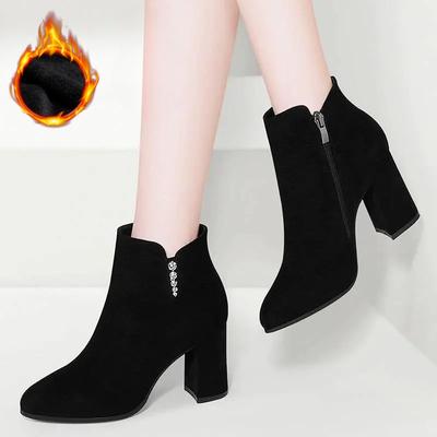 Wildleder Matt Dicke Absätze, Diamant Runde Zehen Hohe Absätze, Schwarze Damen Plus Samt Warme Damenstiefel