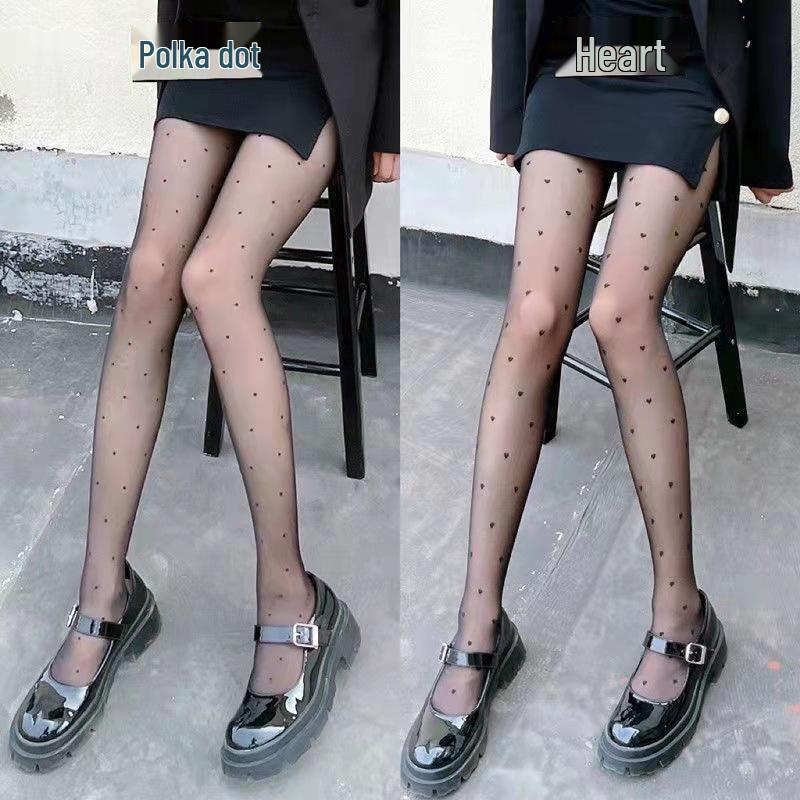 Women's Black Polka Dot Love Heart Ultra-Thin Silk Pantyhose - Spring/Summer Anti-Snag Sexy Stockings