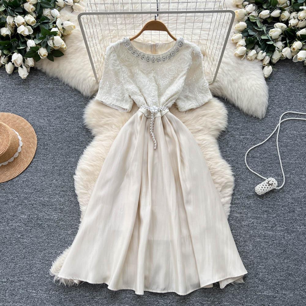 Summer Women Sweet Small Size Flower Beading Fairy Princess Party Dresses For Girl Student With Pearl Belt