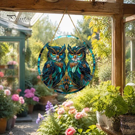 Indoor Outdoor Ornament Double Owl Suncatcher Window Hanging Ornament, Stained Glass Style Circular Wall Sunlight Shadow Display Decor, Green Art for