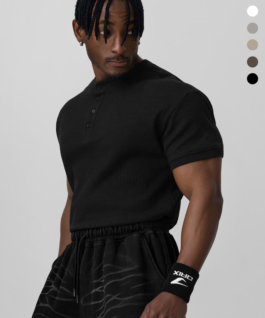 DRIX Ribbed Muscle Fit Henley Neck Half Sleeve_5 Colors