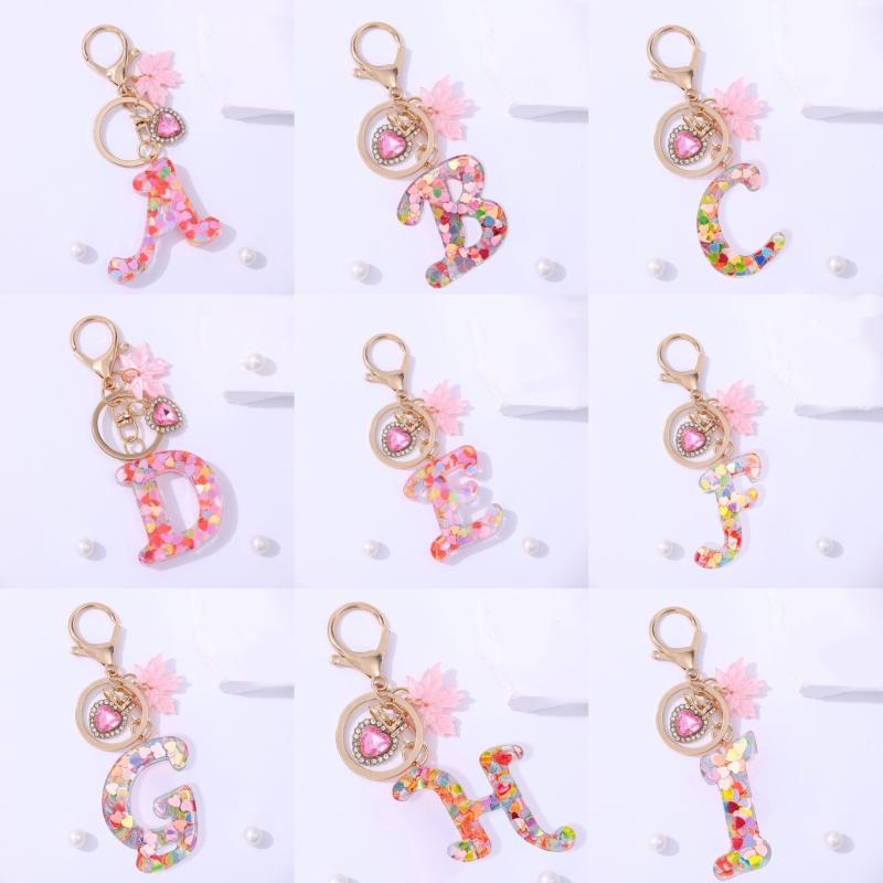 Fashion Pink A To Z Letter Keychain 26 Initials Alphabet Heart Pendant Car Keyring Backpack Hanging Decoration Couple Gift