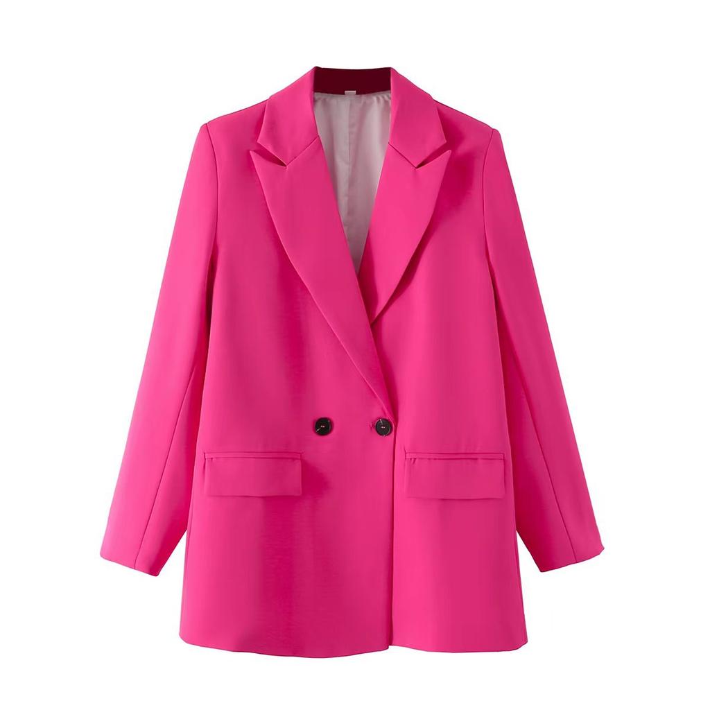 Women Fashion Pockets Solid Double Breasted Blazer Vintage Long Sleeves Notched Neck  Office Lady Outfits